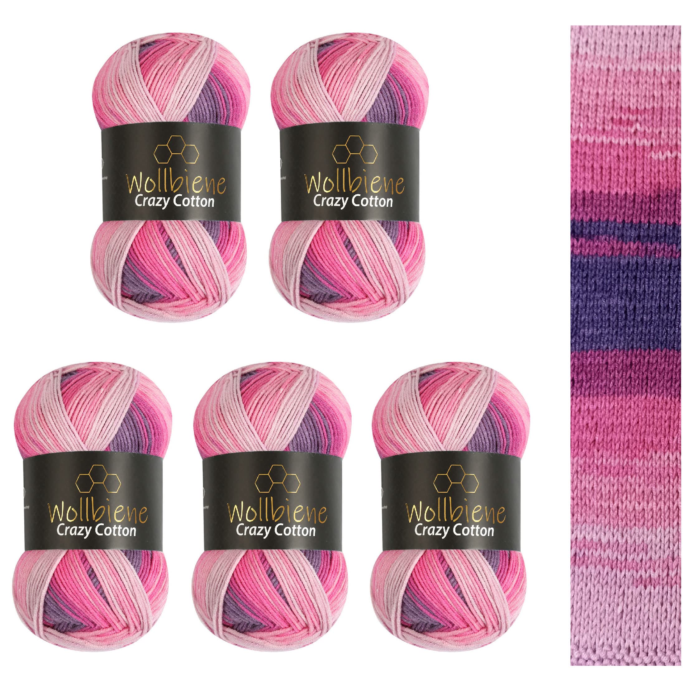 5 x 100 g Wollbiene Crazy Cotton Batik 500 g with Colour Gradient 55% Cotton Multicoloured Knitting Wool Crochet Wool All-Year Wool (6040 Berry Purple Pink)