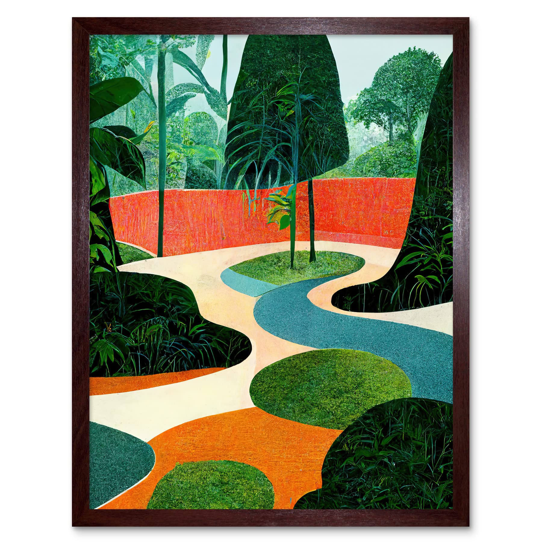 Wee Blue Coo Midcentury Style Garden Abstract Jungle Painting Orange Teal Green Art Print Framed Poster Wall Decor 12x16 inch