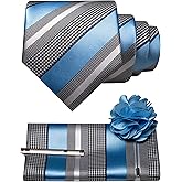 JEMYGINS Mens Striped Tie and Lapel Pin Necktie Pocket Square and Tie Clip Sets for Business Casual 4PCS