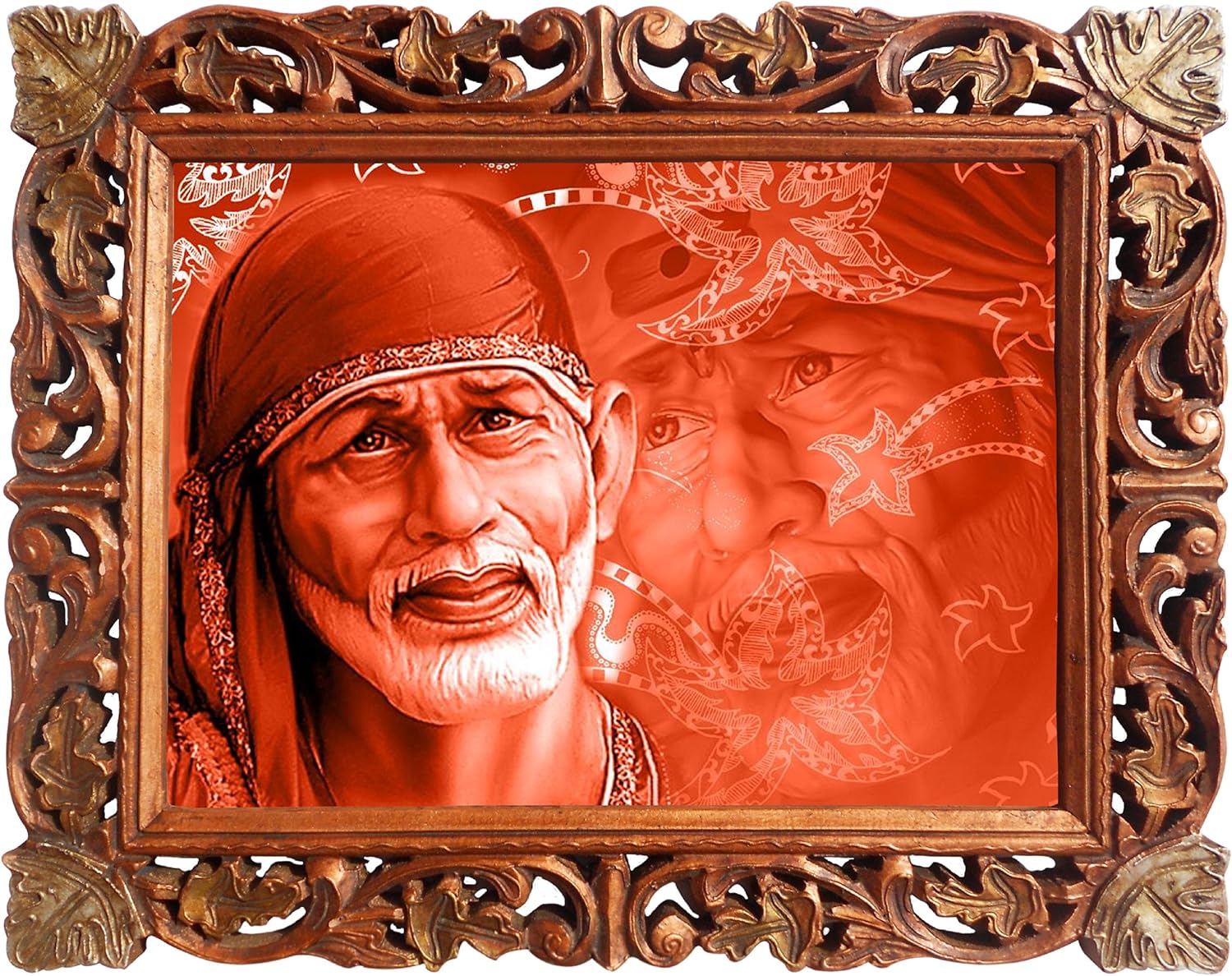 Elegant Poster of Lord Sai Baba Framed in Hand Carved Wood