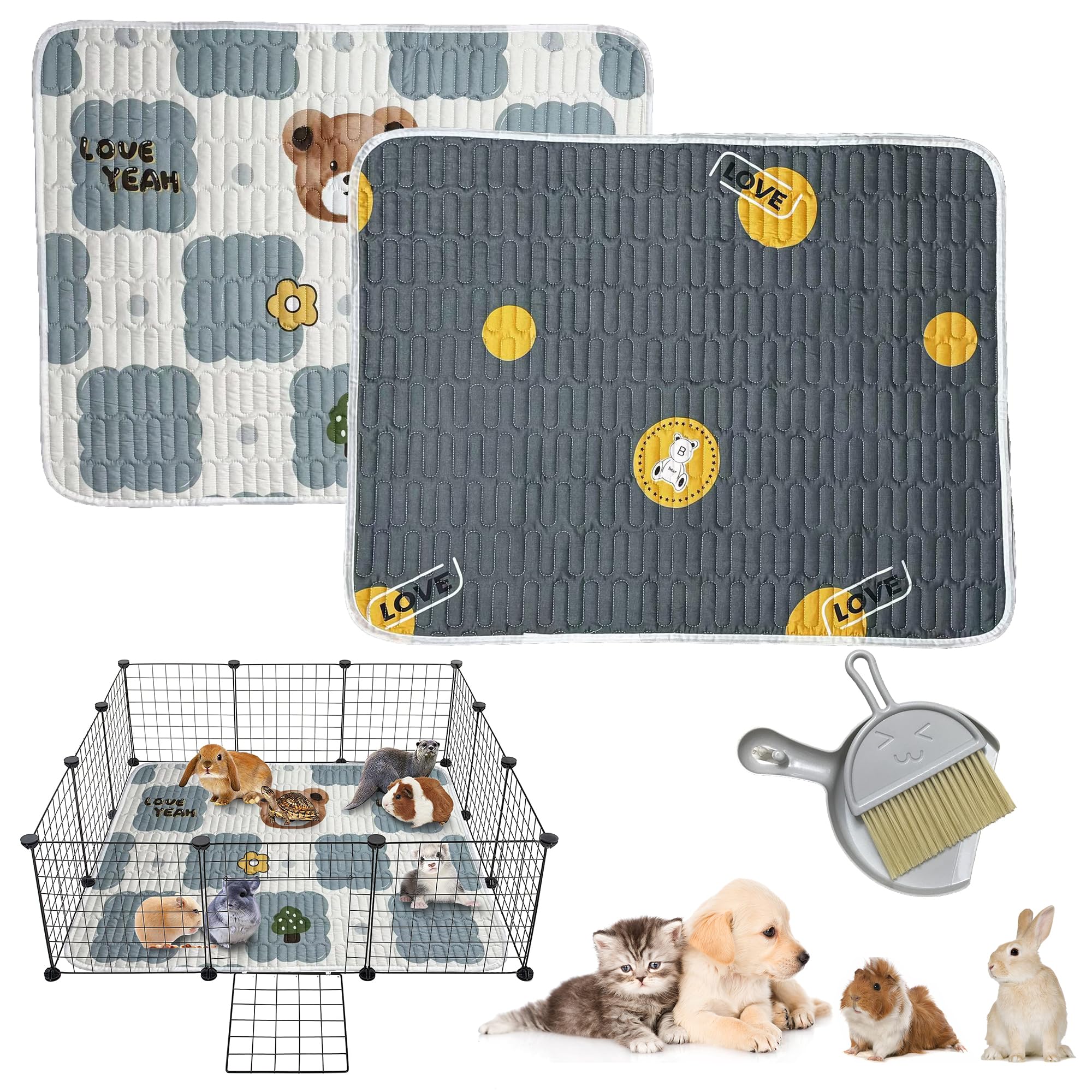 2 Packs Guinea Pig Cage Liners Reusable Guinea Pig Bedding with Mini Dustpan Brush Set Washable Fast Absorbent Pee Pads Non-slip Waterproof Mat for Small Animals, Hamsters, Chinchillas, Rabbit Bedding