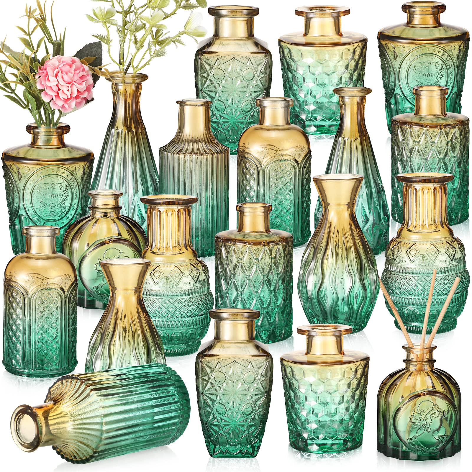 Photo 1 of 20 Pcs Glass Bud Vase Set Small Vintage Flower Vase in Bulk for Centerpieces Rustic Decorative Glass for Wedding Table Home Christmas Decoration (Yellow Green)