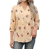 WLLW Womens Floral Printed 3/4 Sleeve Blouses Summer Pleated Front Tunic Tops V Neck Loose Fit Flowy Shirts