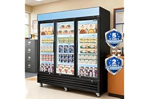 LISPIN Glass Door Merchandiser Freezer, 70 Cu.ft Swing Door Commercial Reach-In Display Refrigerator with LED Top Panel Upright Freeze Storage, Three Cabinets