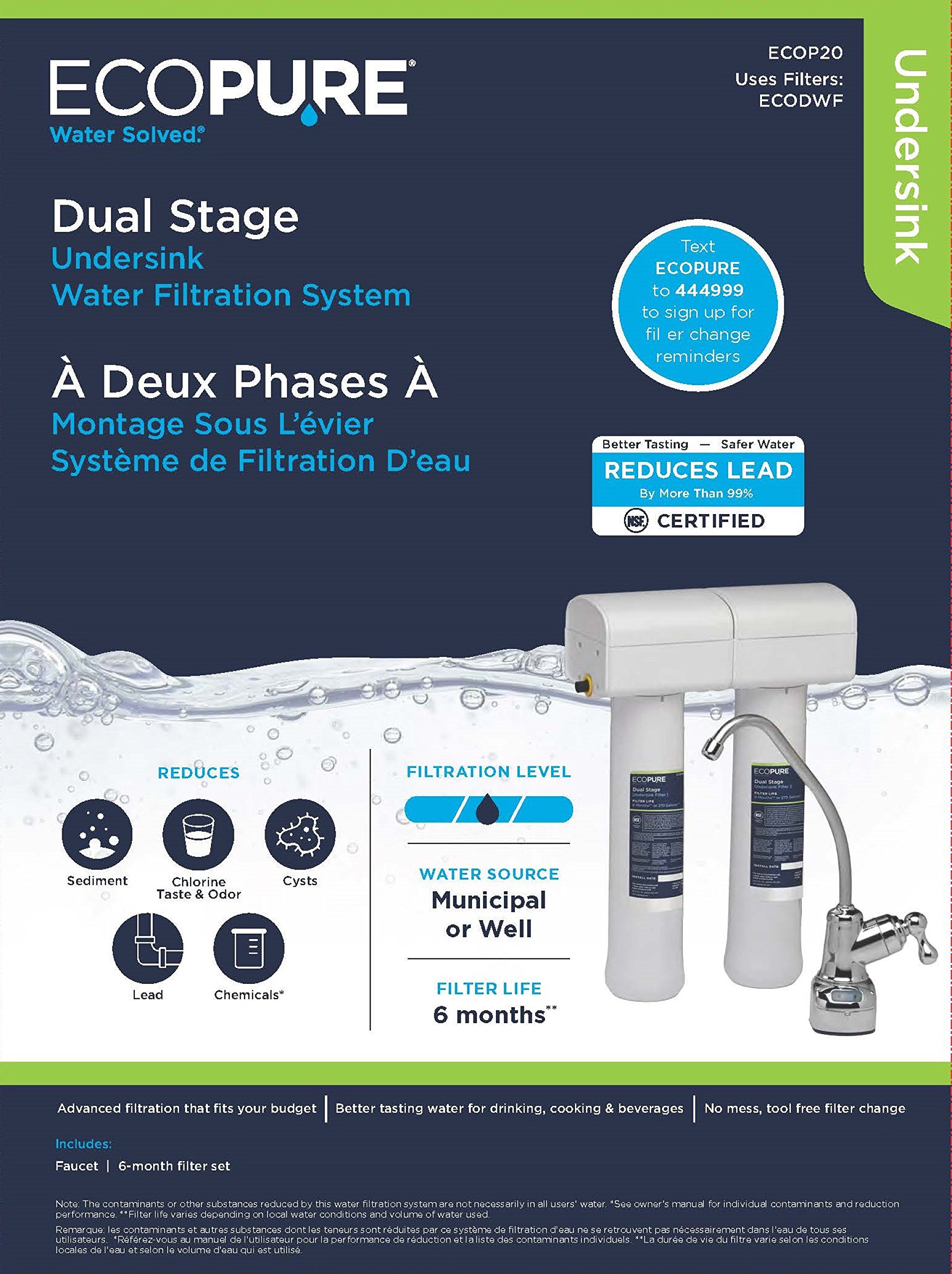 EcoPure Dual Stage Under Sink Replacement Water Set (ECODWF) | NSF Certified | Fits ECOP20 System | 6-Month Filter Life, 2 Count (Pack of 1)