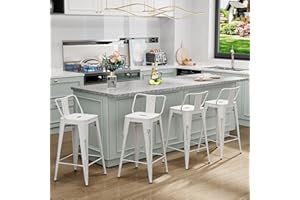 Aklaus Metal Bar Stools Set of 4 Barstools Counter Height Bar Stools with Back Industrial Bar Stools Indoor Outdoor Kitchen Dining Chairs Modern Bar Chairs Distressed White 26inch Stools