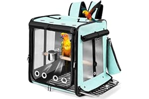 Suertree Bird Carrier with Seat Belt for Car Travel, Bird Backpack Carrier with Indestructible Stainless Steel Mesh, Large Bird Carrier Travel Cage, Green