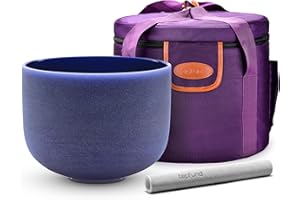 TOPFUND Indigo 432 Hz A Note Crystal Singing Bowl 8 inch Third Eye Chakra with Heavy Duty Carrying Case and Suede Mallet