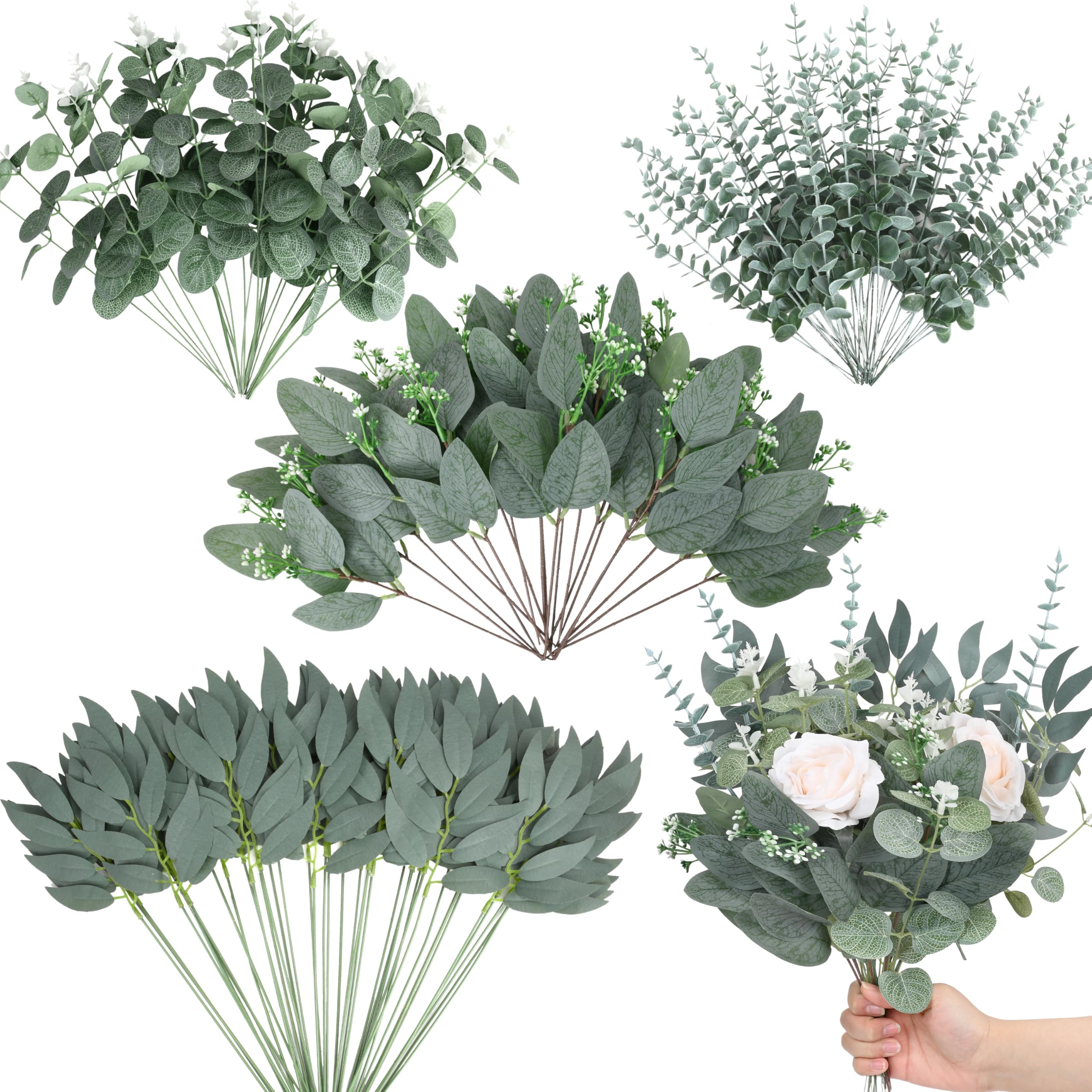 Photo 1 of 150 Pcs 4 Kinds Mixed Artificial Eucalyptus Leaves Stems Bulk Fake Silver Dollar Eucalyptus Bundle Faux Plants Greenery for DIY Bouquets Floral Arrangement Wedding Engagement Party Decor