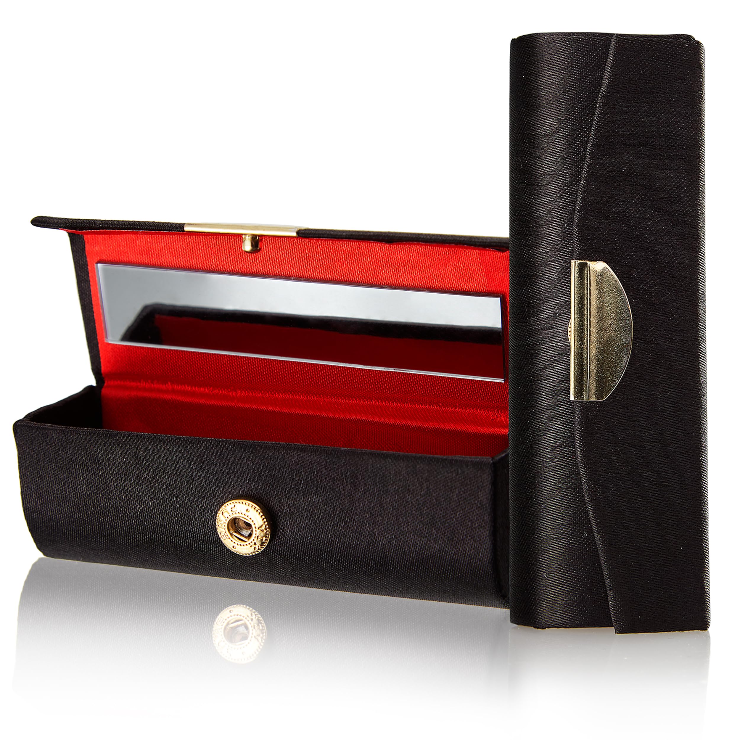 Fantasia Portable Lipstick Organiser: Case With Makeup Mirror - Black, Gold and Red Holder and Jewelry Box for Makeup Bag, Incl. Cosmetic Mirror - Beautiful Gift for Women