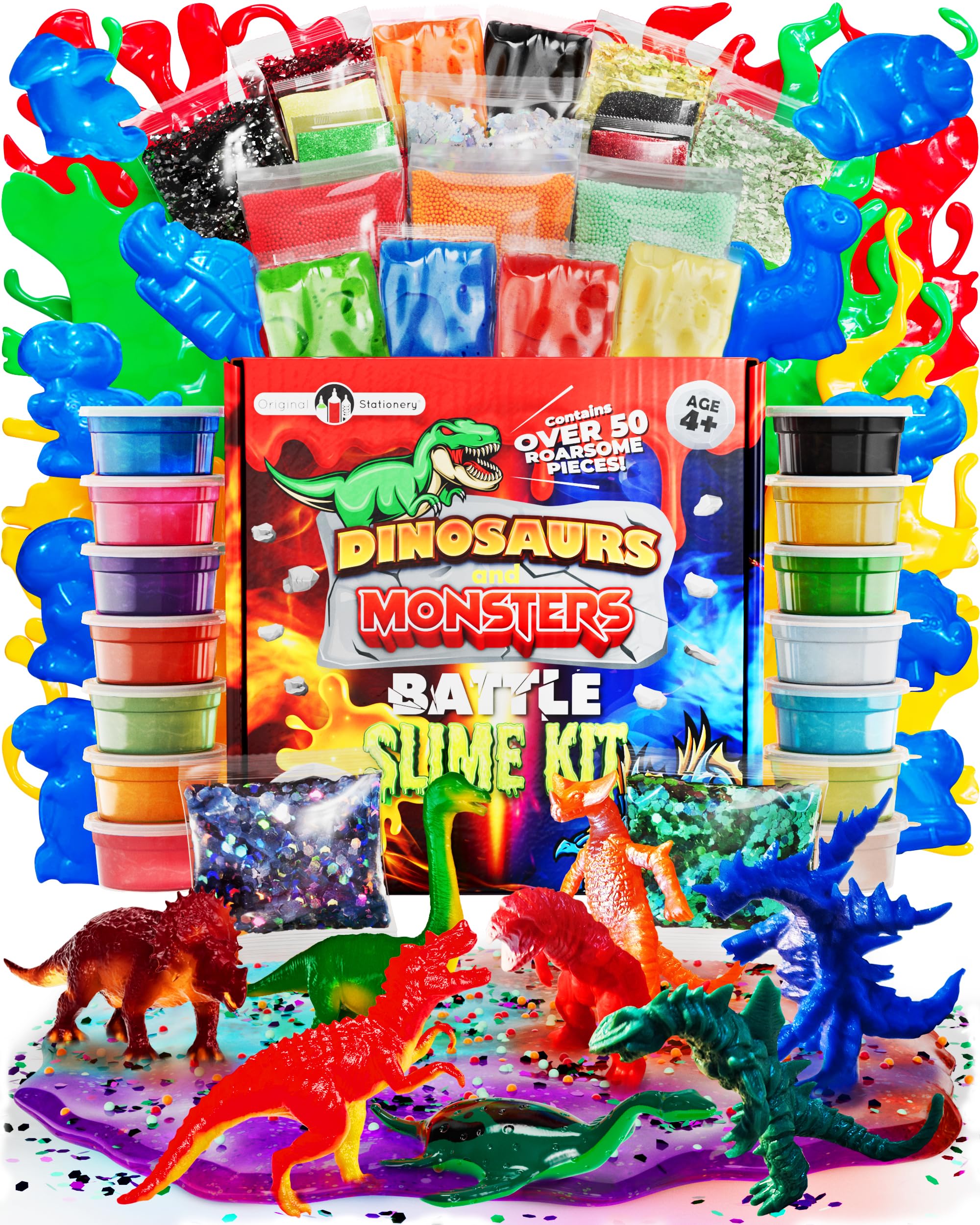 Original Stationery Dinosaur and Monsters Battle Slime Kit, Slime Set with 14 Premade Kids Slime, Fun Dinosaur Toy Moulds, and Dinosaur Toys for Boys