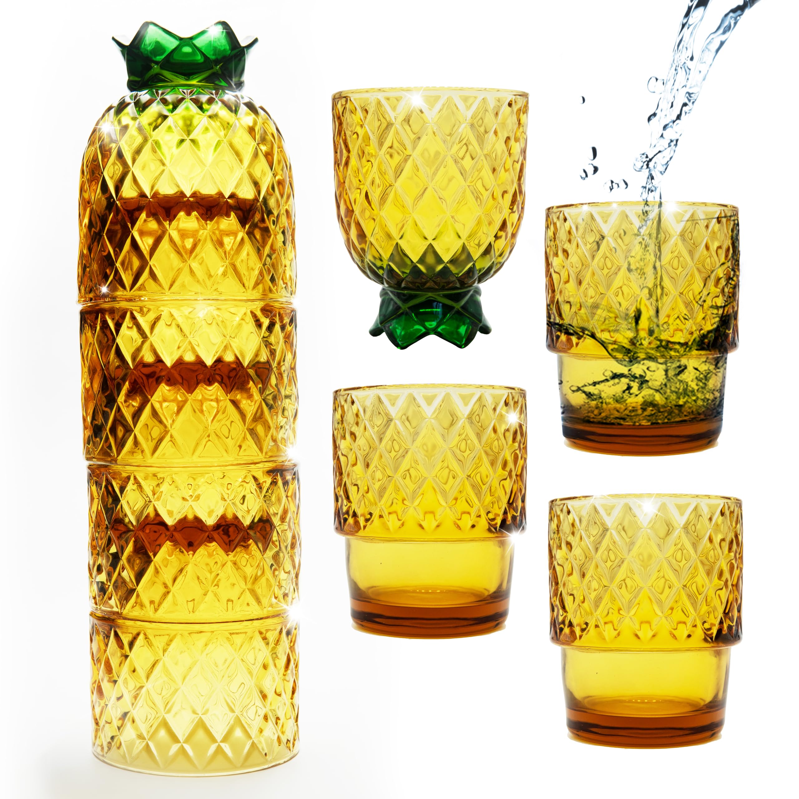 Gökotta Pineapple Cocktail Glasses Set of 4 | Handmade Orange Stackable Tumblers 250ml | Tiki Tropical Glassware for Pina Colada, Mai Tai, Juice and Summer Parties