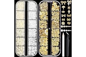 RODAKY 2 Boxes Gold Nail Charms and Flatback Pearls,Bowknot Charms for Nails Design Crown Flower Mix Size Metal Studs Nail Gems Charms,White & Beige Half Pearl for Nail Jewelry DIY Nail Art Decor