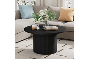 Furniway Round Coffee Table, 35.4" Circle Wide Coffee Table, Wood Table and Center Table for Living Room, Black