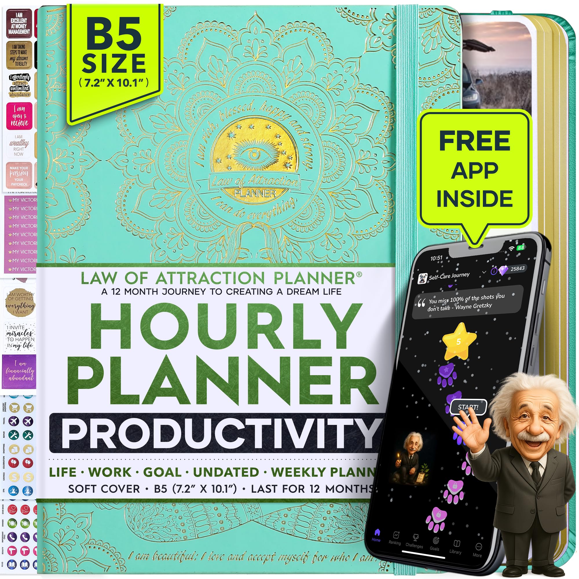 Deluxe Weekly and Monthly Planner | Law of Attraction Planner with Productivity App | 12-Month for Productivity, Gratitude & Goal Setting | Includes Foldable Vision Board, Gift Box & Stickers Image