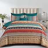 Cottolester Boho Queen Size Comforter Set 8 Pieces,Green and Brown Bohemian Striped Bed in a Bag,Floral Soft Microfiber Bedding Comforter Set