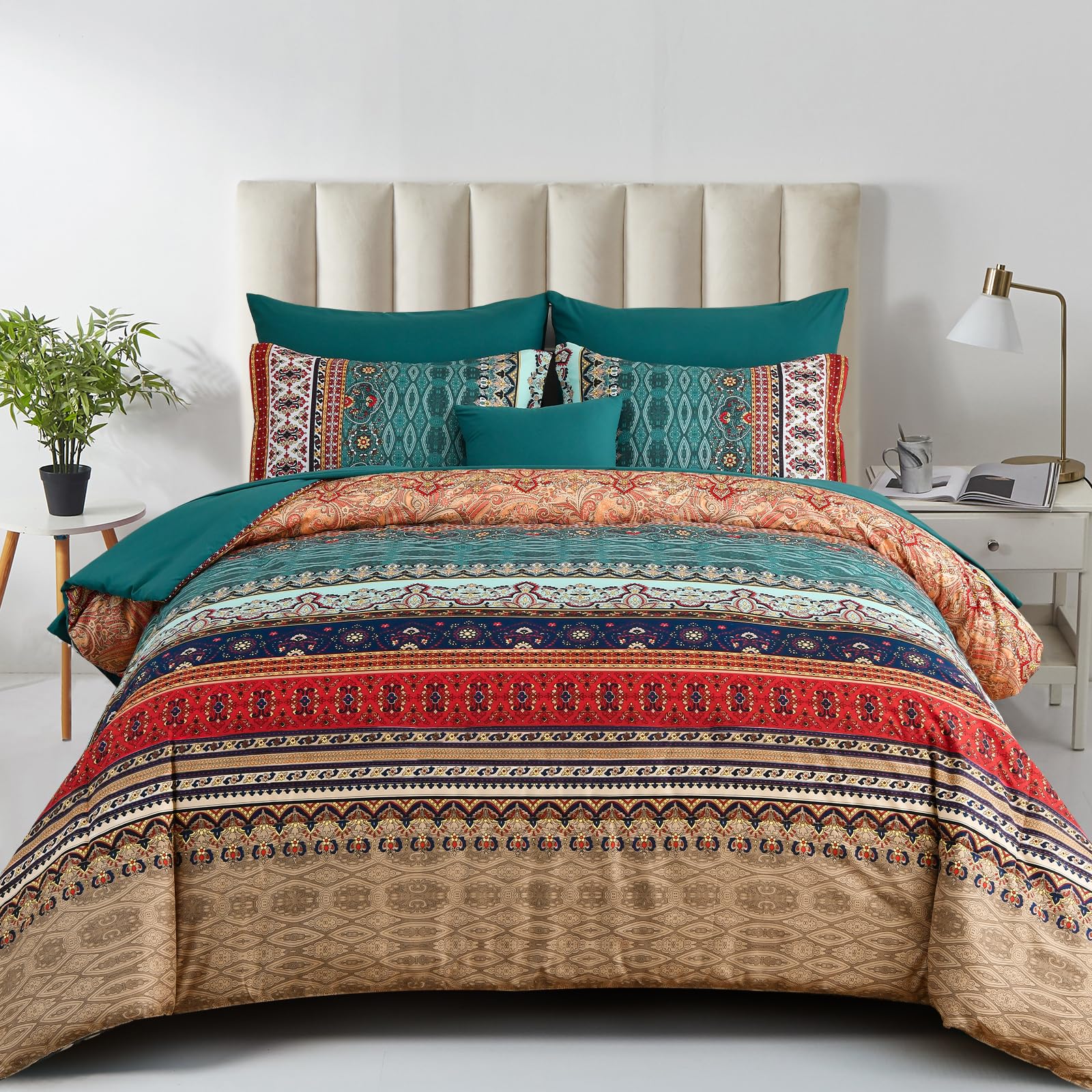 Photo 1 of Boho King Size Comforter Set 8 Pieces,Green and Brown Bohemian Striped Bed in a Bag,Floral Soft Microfiber Bedding Comforter Set
