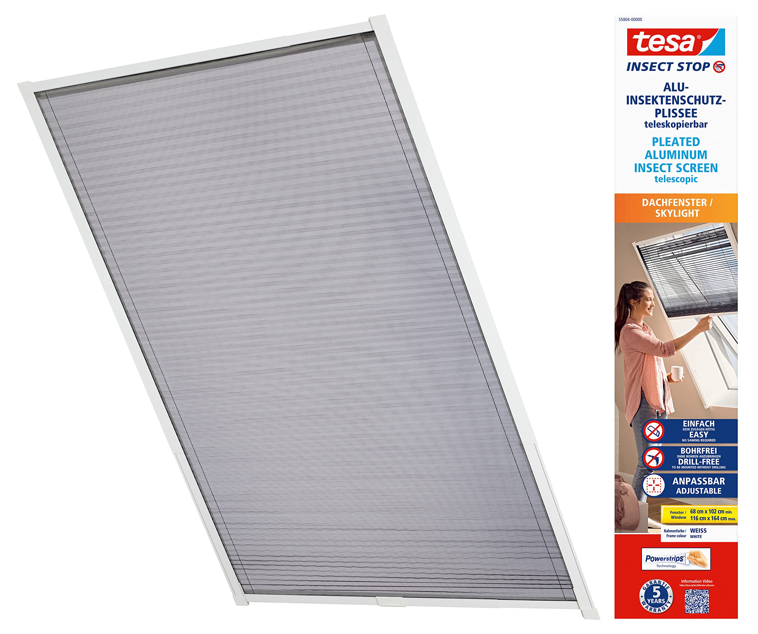 tesa INSECT STOP Pleated Alumium Insect Screen For Roof Windows - Alu Fly Screen Pleated Blind Telescopic - Roller Blind for Roof Window - Installation without Drilling with tesa Powerstrips - white