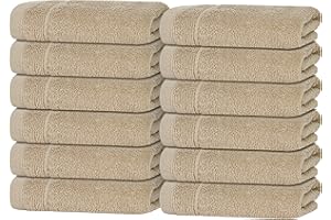 Tens Towels Pack of 12 Washcloths, 12 x 12 Inches, Lighter Weight, Quick to Dry, Super Soft & Absorbent, Gentle Face Towels, Hotel Quality, Perfect for Bathroom, Gym, Spa (Beige, 12 Pack)