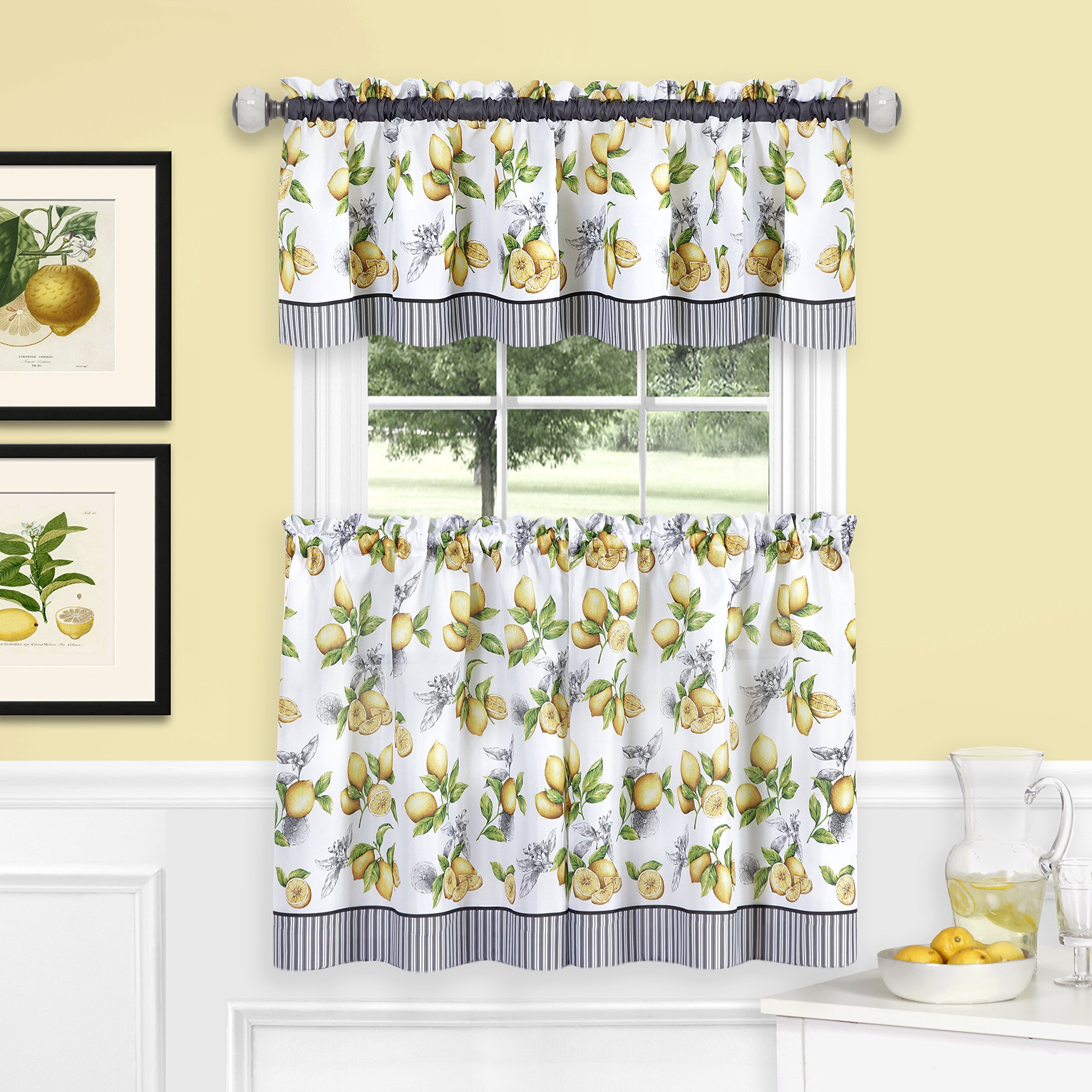 ACHIM Light Filtering Window Curtain, Printed Tier & Valance Set - 58 Inch Length, 24 Inch Width - Lemon Drop (Yellow), Machine Washable Drape for Kitchen, Bedroom, Living, & Dining Room Home Decor