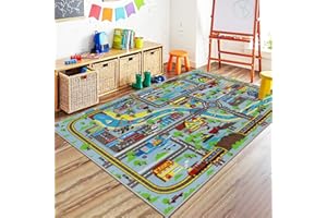 Capslpad Kids Rug for Playroom 3'3" x 5'2" Educational Learning Kids Play Area Rug Large Traffic Road Cars Rug Play Mat for Kid Toy Nursery Rug Kids Car Carpet for Living Room Home Decor, Sky Blue