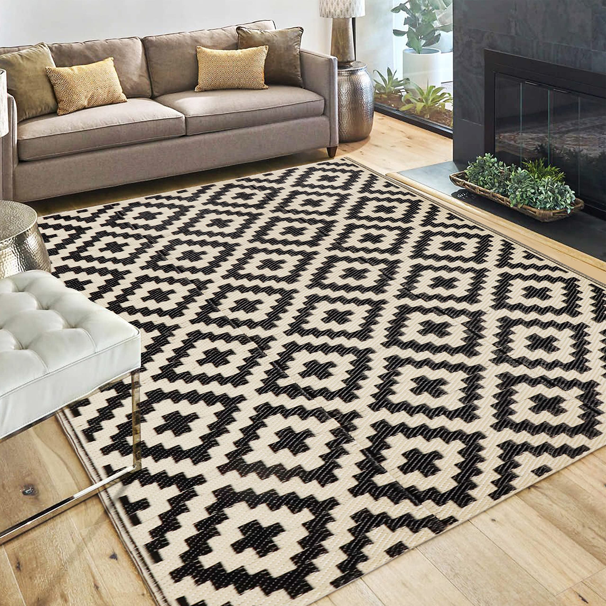 Photo 1 of SAND MINE Reversible Mats, Plastic Straw Rug, Modern Area Rug, Large Floor Mat and Rug for Outdoors, RV, Patio, Backyard, Deck, Picnic, Beach, Trailer, Camping (4' x 6', Black & Beige Lattice)