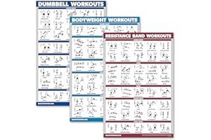 Palace Learning 3 Pack - Dumbbell Workouts + Bodyweight Exercises + Resistance Bands Poster Set - Set of 3 Workout Charts