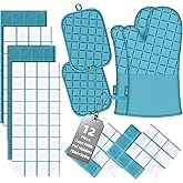 Oven Mitts Kitchen Towels and Dishcloths Pot Holders Sets, Oven Gloves Kitchen Dish Towels 500 Degree Heat Resistant Potholders with Non-Slip Silicone Surface for Cooking, Grilling, Baking-Blue