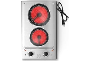 HOBSIR HOB 2 Burner Electric Cooktop 110v, Plug in Stainless Steel Electric Stove Top 12 inch Knob Control Countertop & Built-in Radiant Electric Stove with Residual Heat Indicator, Over-Temperature Protection