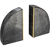 Boho Arched Semicircle Marble Bookends with Brass Detail, Set of 2, Black