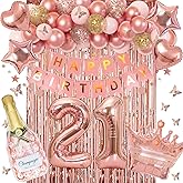 Ouddy Life 21st Birthday Decorations for Her - Rose Gold Party Supplies for Women Girls, Pink Happy Banner, Fringe Curtain, Butterfly Balloons