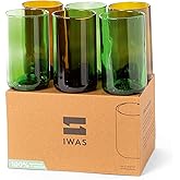 IWAS Upcycled Tall Drinking Glasses | 400 ML | 13.53 OZ | Set of 6 | Sustainable Water and Cocktail Glasses For Home | Environmentally Friendly Olive Green Glasses