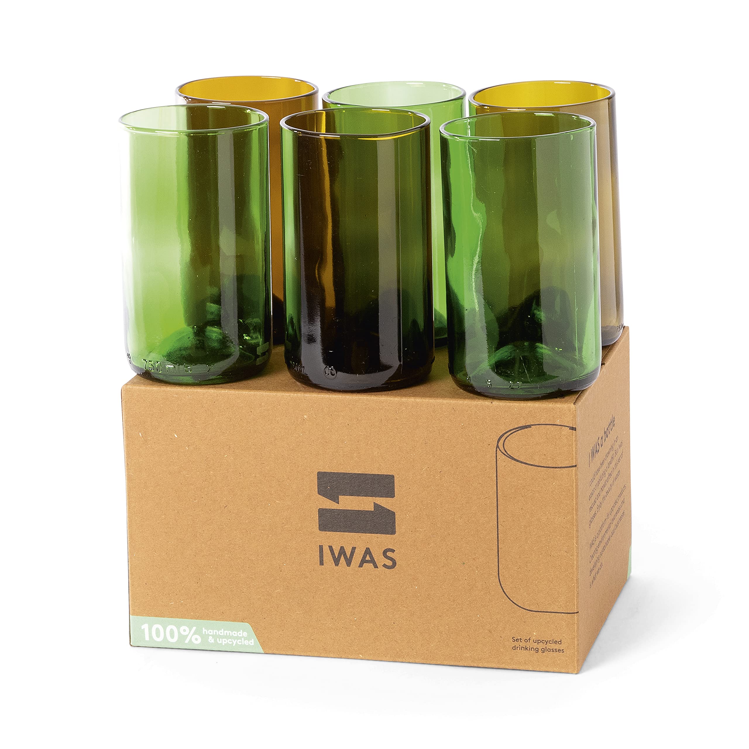 IWAS Upcycled Tall Drinking Glasses | 400 ML | 13.53 OZ | Set of 6 | Sustainable Water and Cocktail Glasses | Environmentally Friendly Olive & Green Glasses | Recycled Glass Tumblers