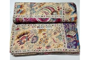 SAMBHAV QUILT HUB Indian Mukut Print Less Cotton Handmade Patchwork Quilted Blanket Indian Cotton Spread Kantha Kantha Print Work Bohemian Bed Decor Block Throw Blanket Twin/King/Queen (60X90 inch)