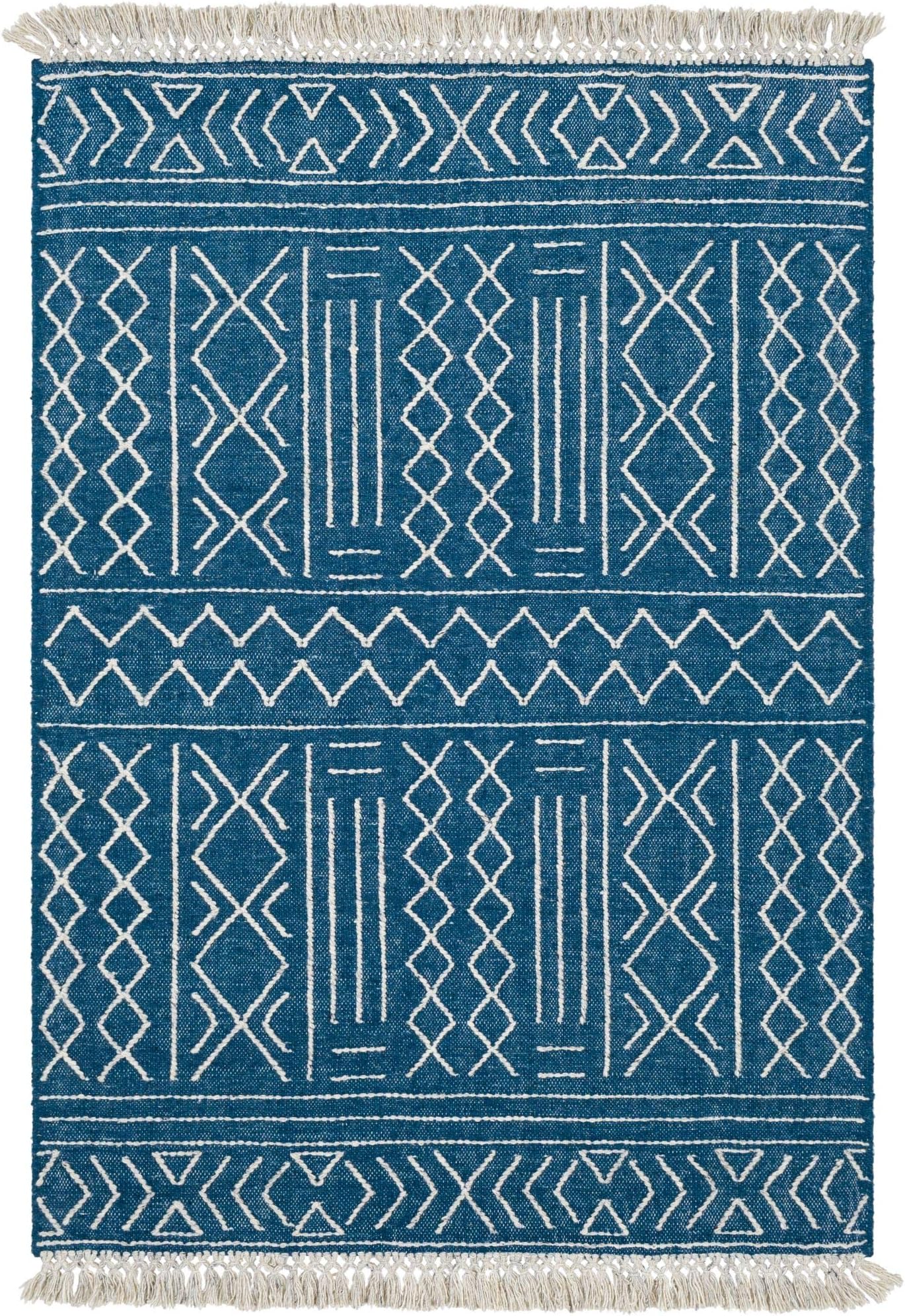 Tiwari Home 8' x 10' Geometric Patterned Teal Blue and White Area Throw Rug