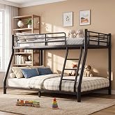 Uiowio Twin Over Full Bunk Bed for Kids/Teens/Adults,No Box Spring(Black) | Wide Ladder,Family-Friendly,400/600 LBS,Heavy Duty,Safety Guardrail,Noise Free,Space-Saving
