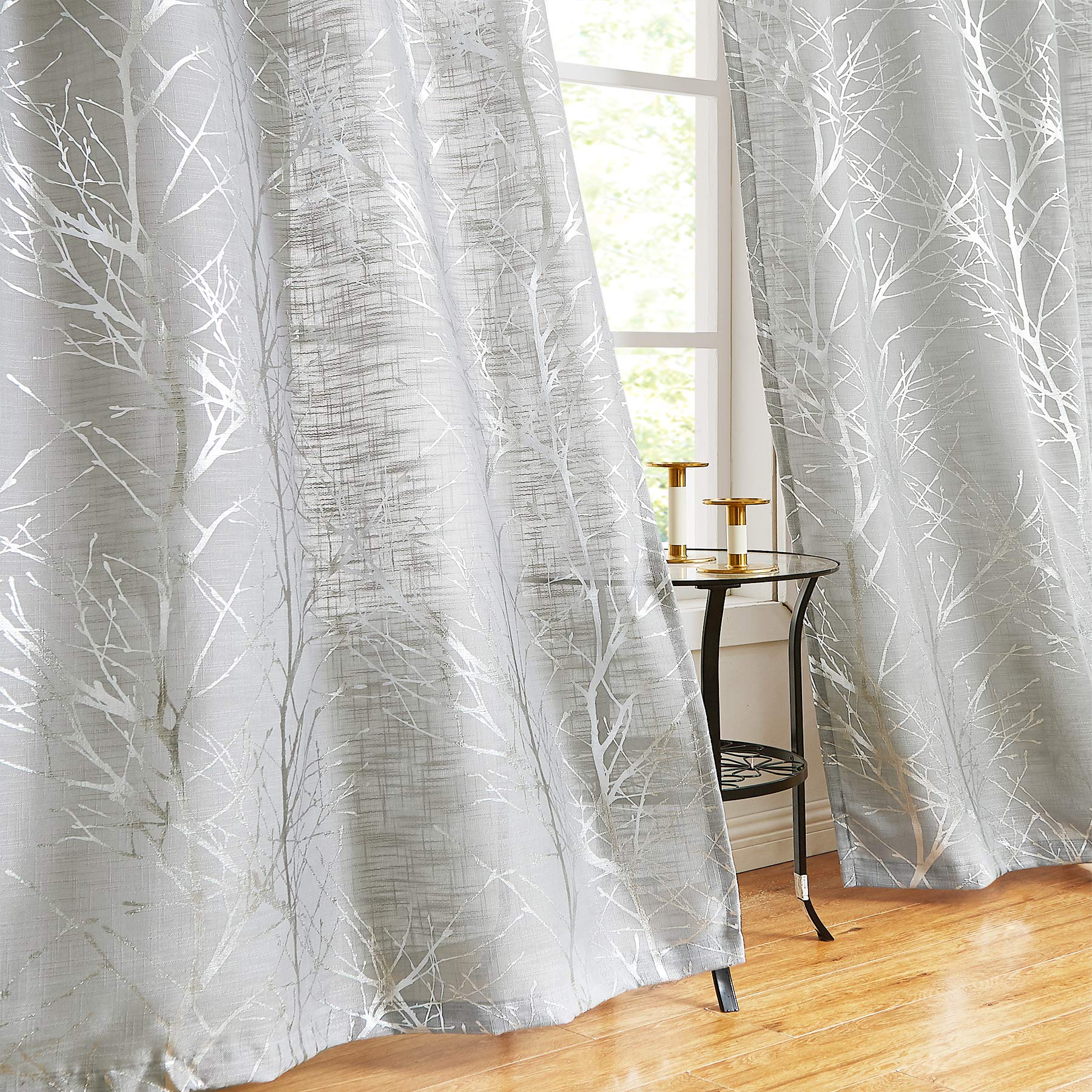 Fmfunctex Grey Silver Semi Sheer Curtains for Bedroom 54 Drop Voile Curtain for Living Room Branch Foil Eyelet Linen Textured Light Filtering Window Curtain Drapes for Dining Room 2 Panels