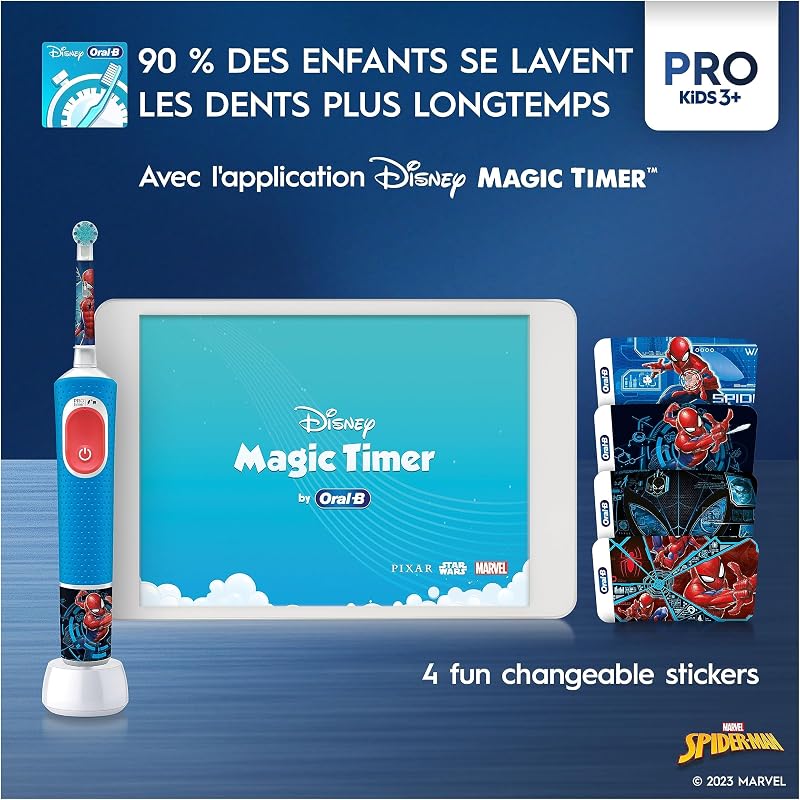 Brosse à Dents Electrique Pro Kids, Embout Spider-Man, Bleu et Rouge