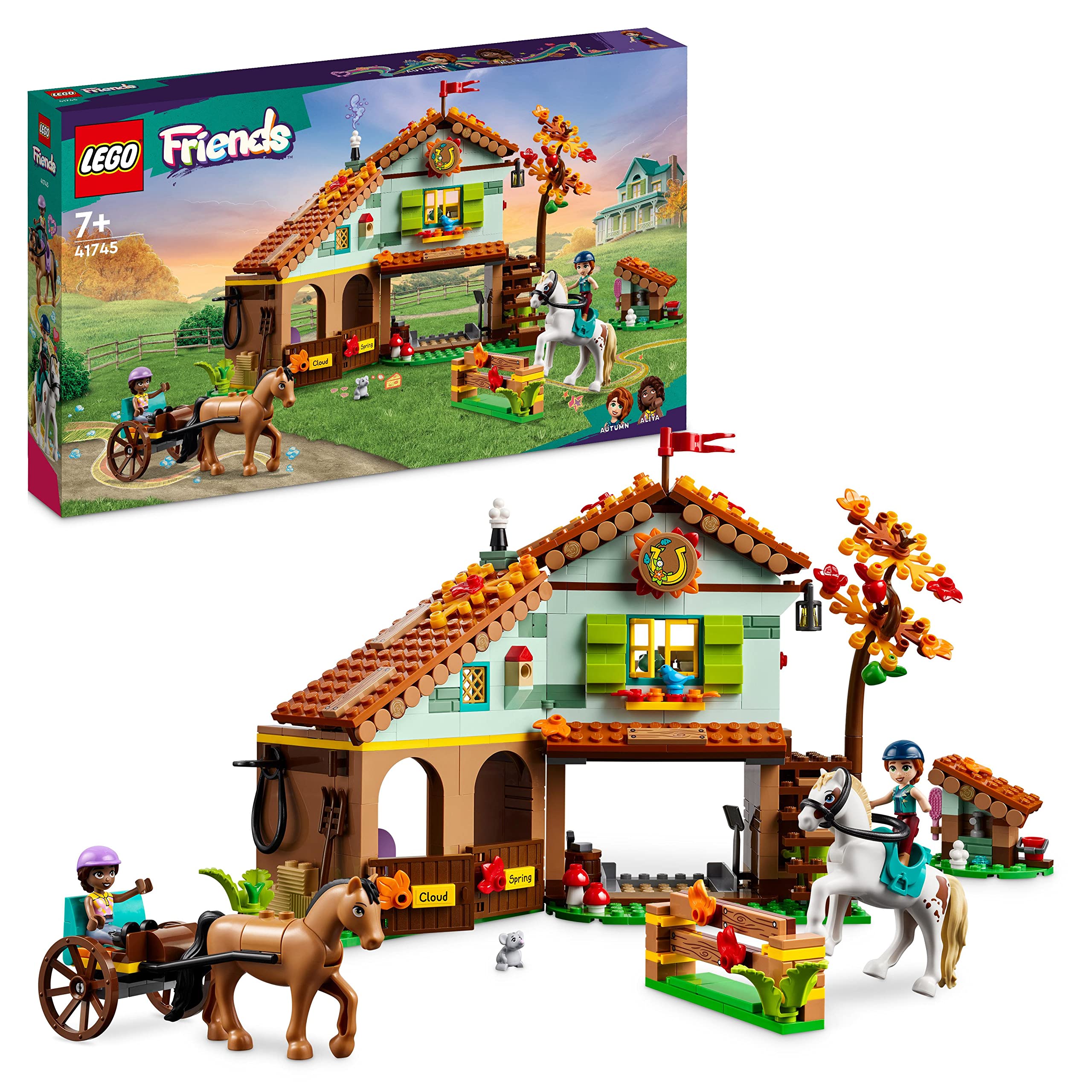LEGO Friends Autumn’s Horse Stable Set with 2 Toy Horses, Carriage and Riding Accessories, Farm Animal Figure Gift for Girls, Boys and Kids Aged 7 Plus Years Old 41745
