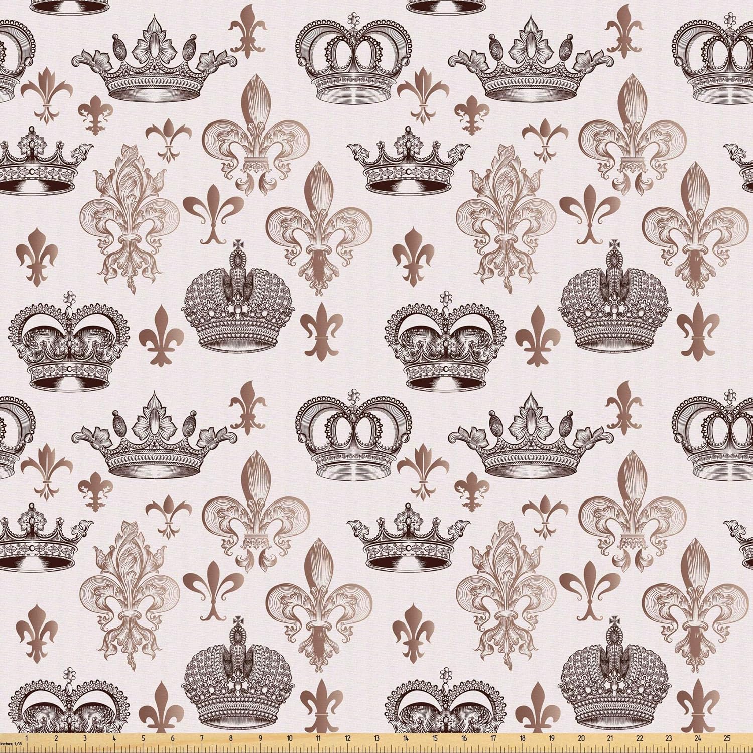 Lunarable Fleur De Lis Fabric by The Yard, Crowns and Fleur