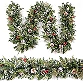 HomeKaren Christmas Garland Snowy 9ft with 50 Lights, Christmas Decor with 50 Light Timer for Mantle Staircase Indoor and Outdoor