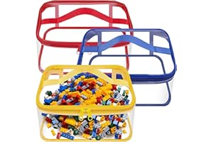 CODREE 3 Packs Clear Toy Storage Bags- 9.4 x 6.7 x 4.3 Inch Transparent PVC Toy Organizing Bags with Zipper- Waterproof Toy Storage Organizer Pouch for Building Blocks, Small Toys (Red, Blue, Yellow)