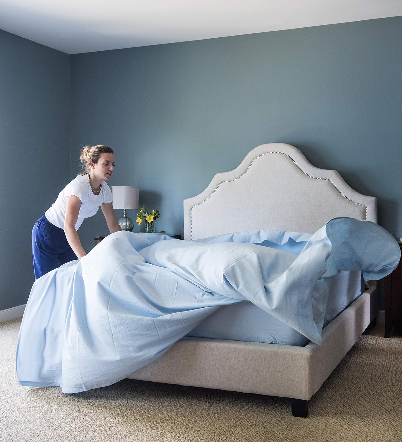 American Pillowcase Queen Size Flat Sheet Only - 300 Thread Count 100% Egyptian Cotton - Fitted Sheets Sold Separately for Set Guarantee (Light Blue): Home & Kitchen