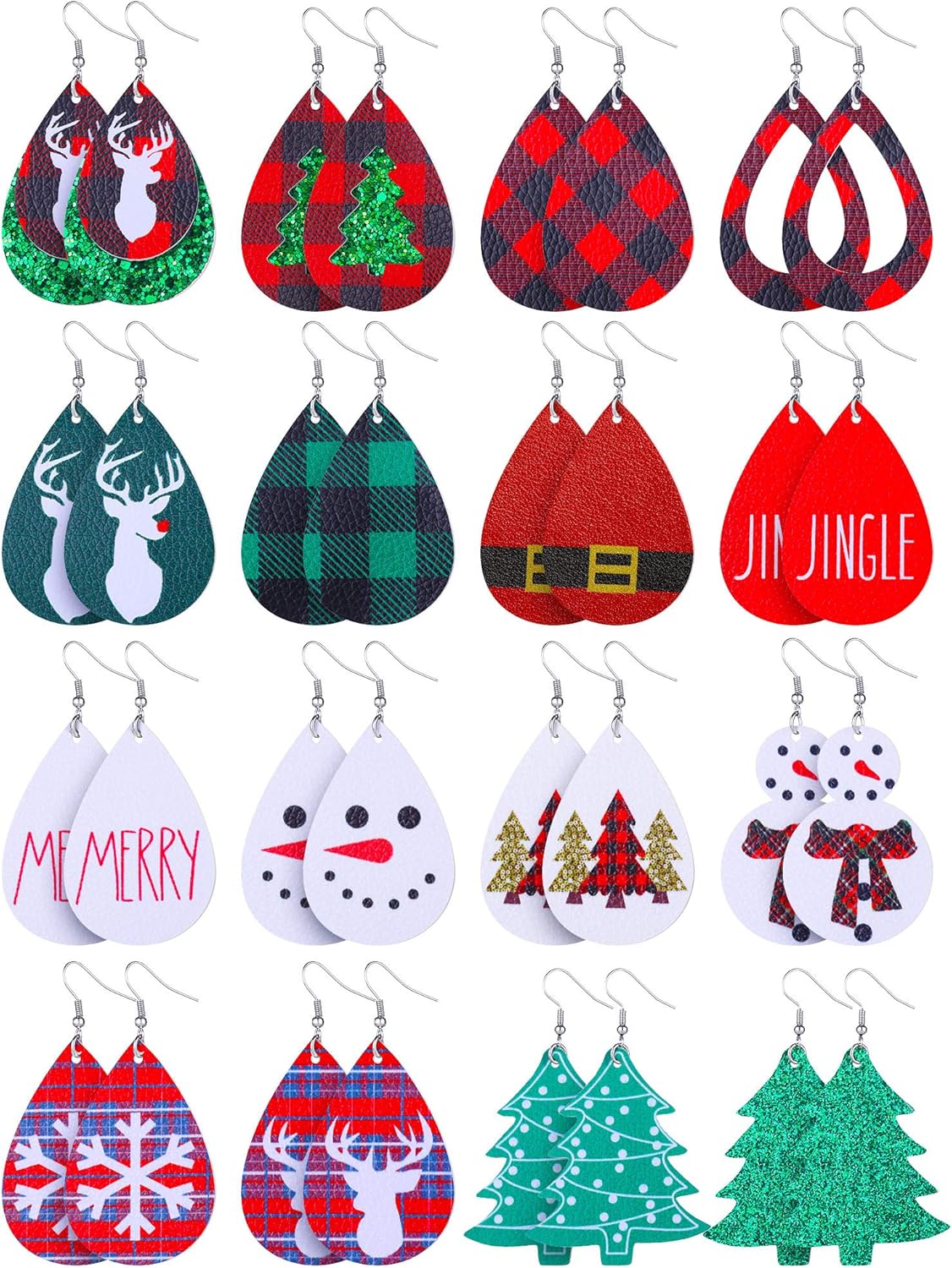 16 Pairs Christmas Faux Leather Earrings Lightweight Faux