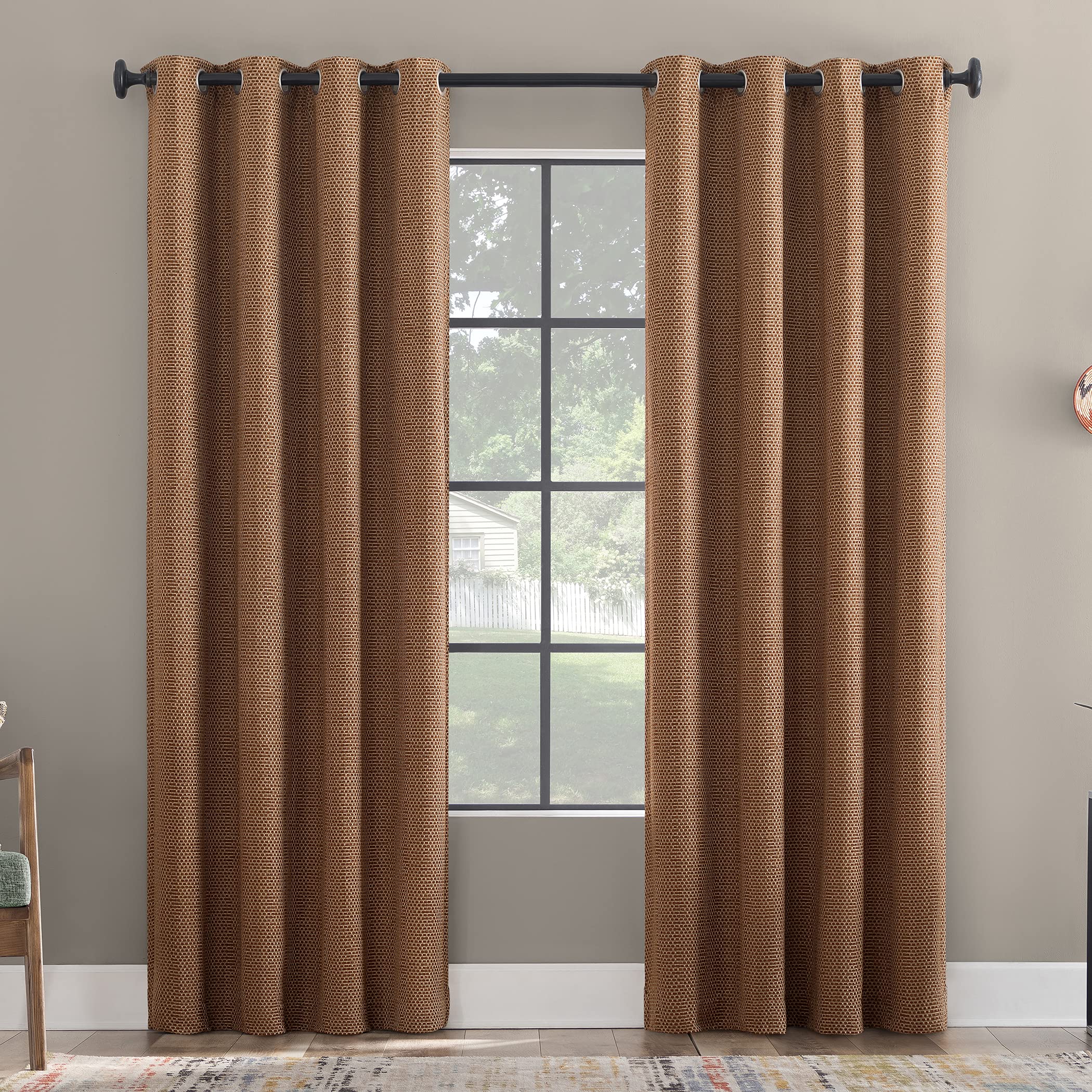 Scott Living Rafaela Woven Pattern Chenille Total Blackout Grommet Curtain Panel, 50" x 96", Rust Brown