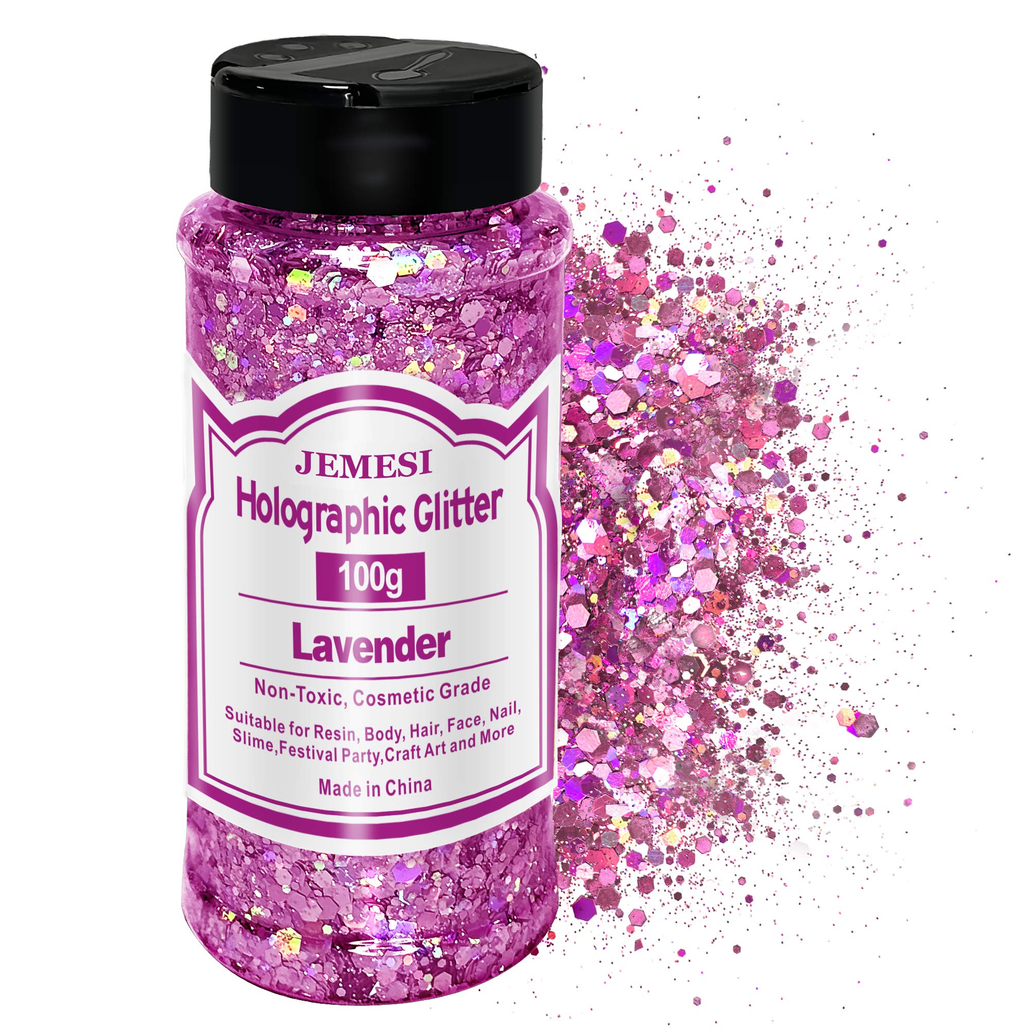 Holographic Chunky Glitter, JEMESI 100g Craft Glitter, Face Glitter, Cosmetic Grade Sequins Glitter for Body, Eyes, Epoxy Resin, Festival Party Art and More - Lavender
