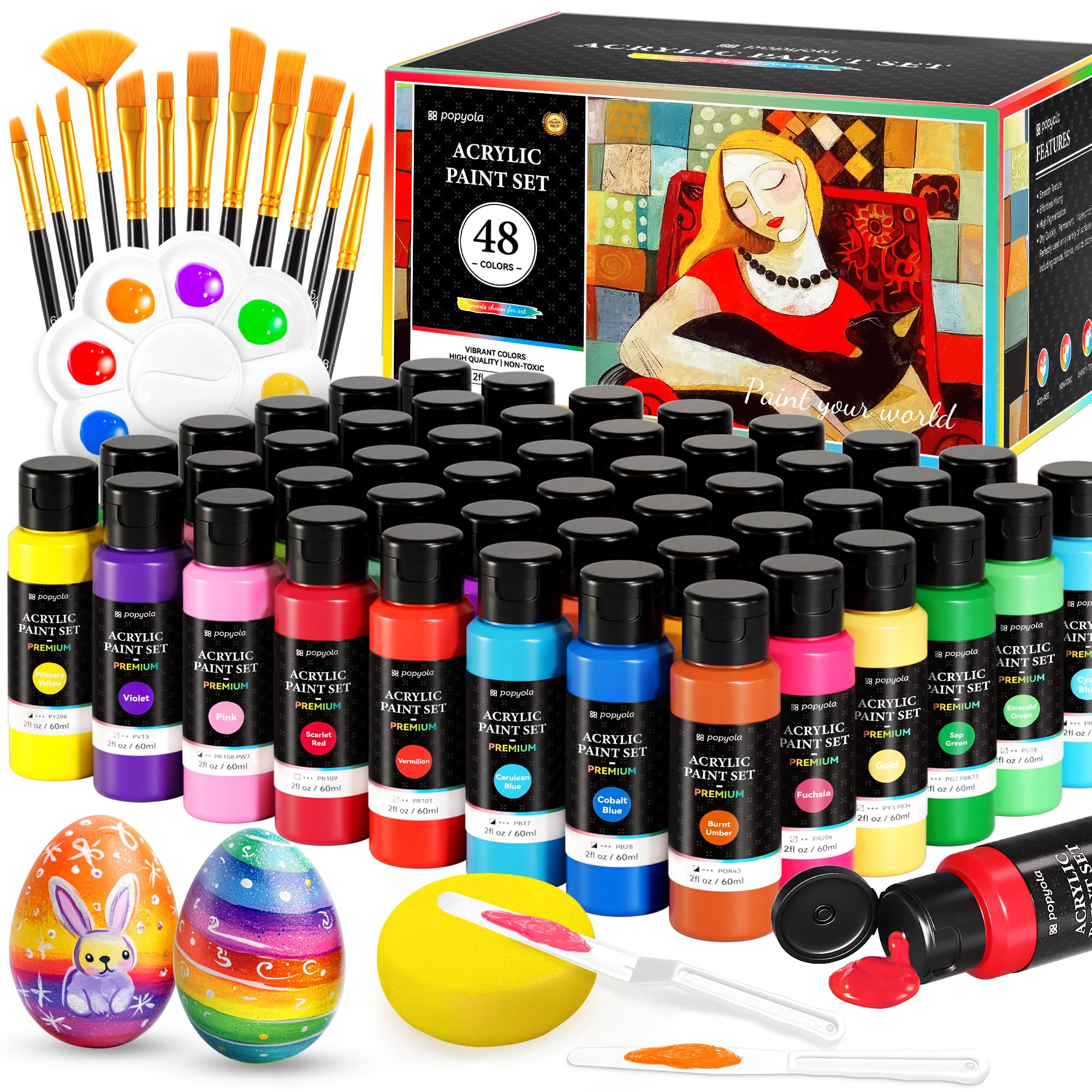Photo 1 of 64 PCS Acrylic Paint Set with 12 Brushes, 2 Knives, Palette and Sponge, 48 Colors Art Craft Paints, Easter Basket Stuffers for Artists Kids Adults, Canvas Ceramic Rock Eggs Painting Kit Art Supplies