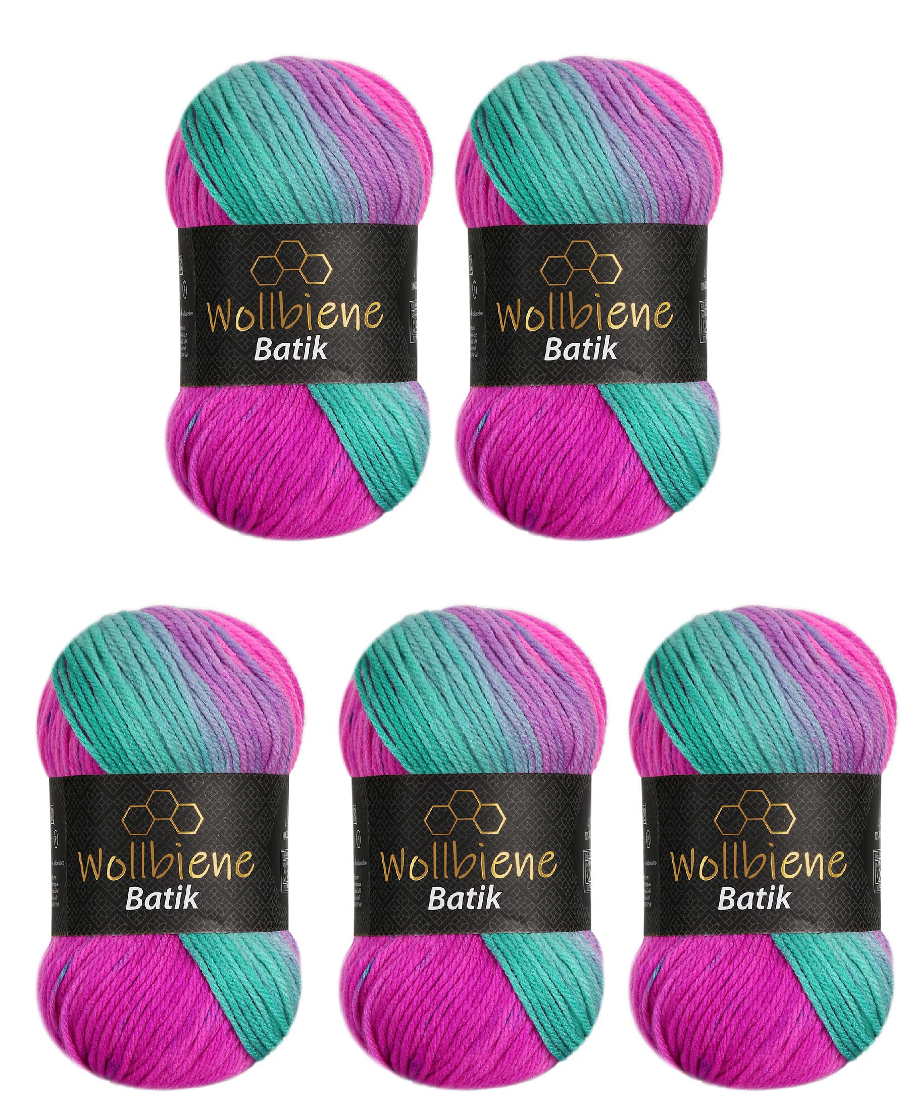 5 x 100 g Wollbiene Batik, 500 g Wool with Colour Gradient, Multicoloured Knitting Wool, Crochet Wool (2040 Pink Green) — image 1