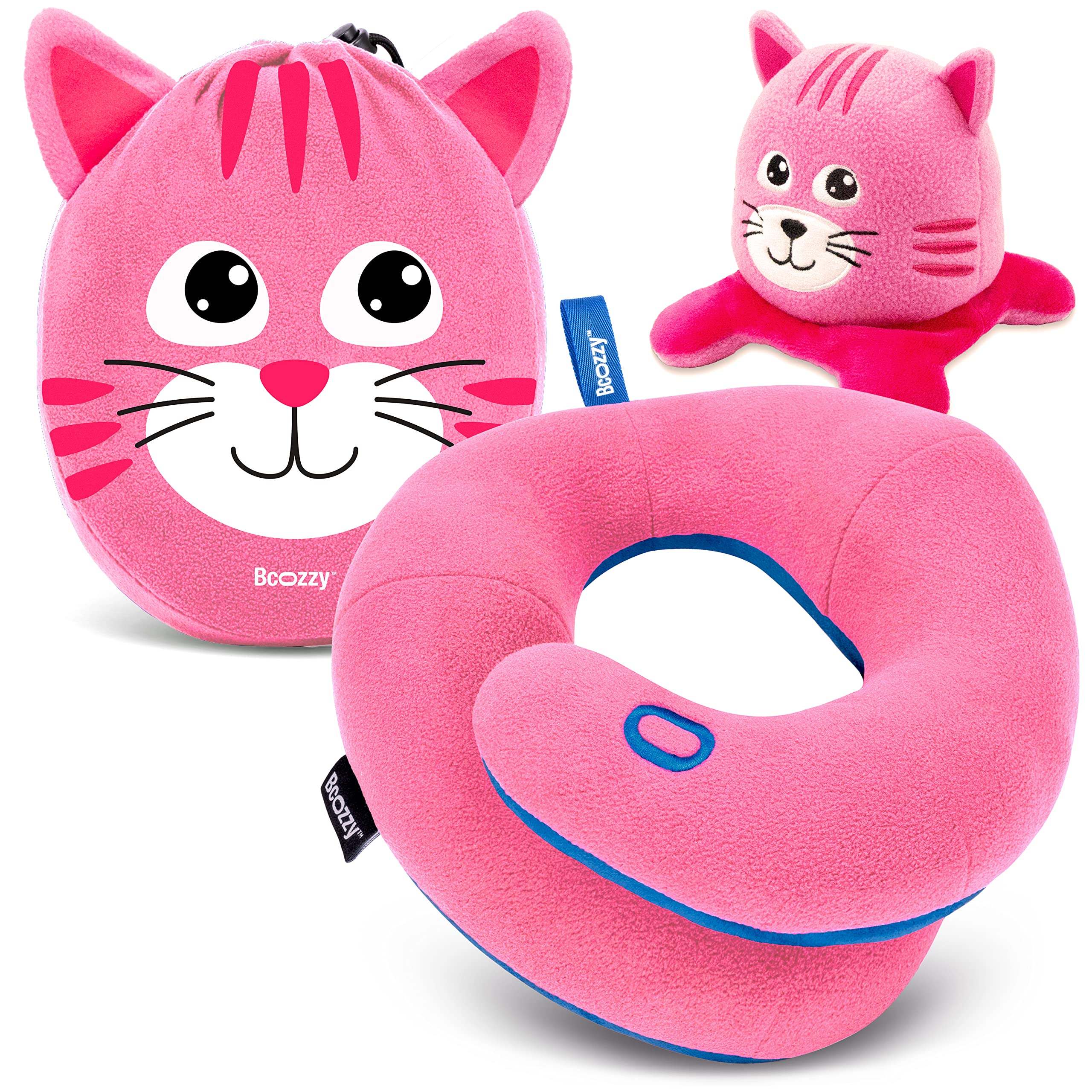 BCOZZY Kids Chin Supporting Travel Pillow for 3-7 Y/O- Stops the Head from Falling Forward- Comfortable Road Trip Essential. Soft, Washable, Small Size, Pink, Kitty Bag โ image 1