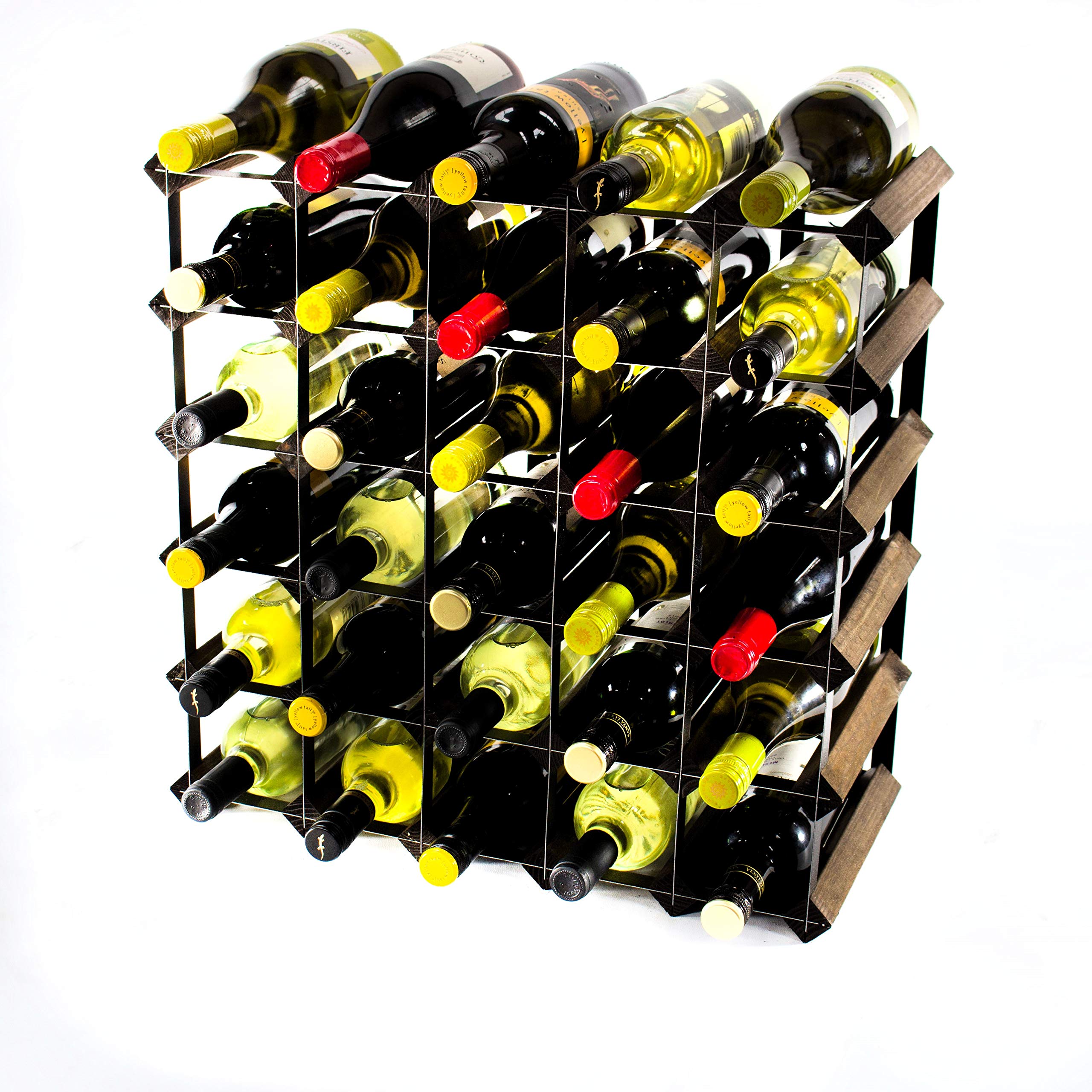 Classic 30 Bottle Dark Oak Stained Wood and Black Metal Wine Rack Ready Assembled